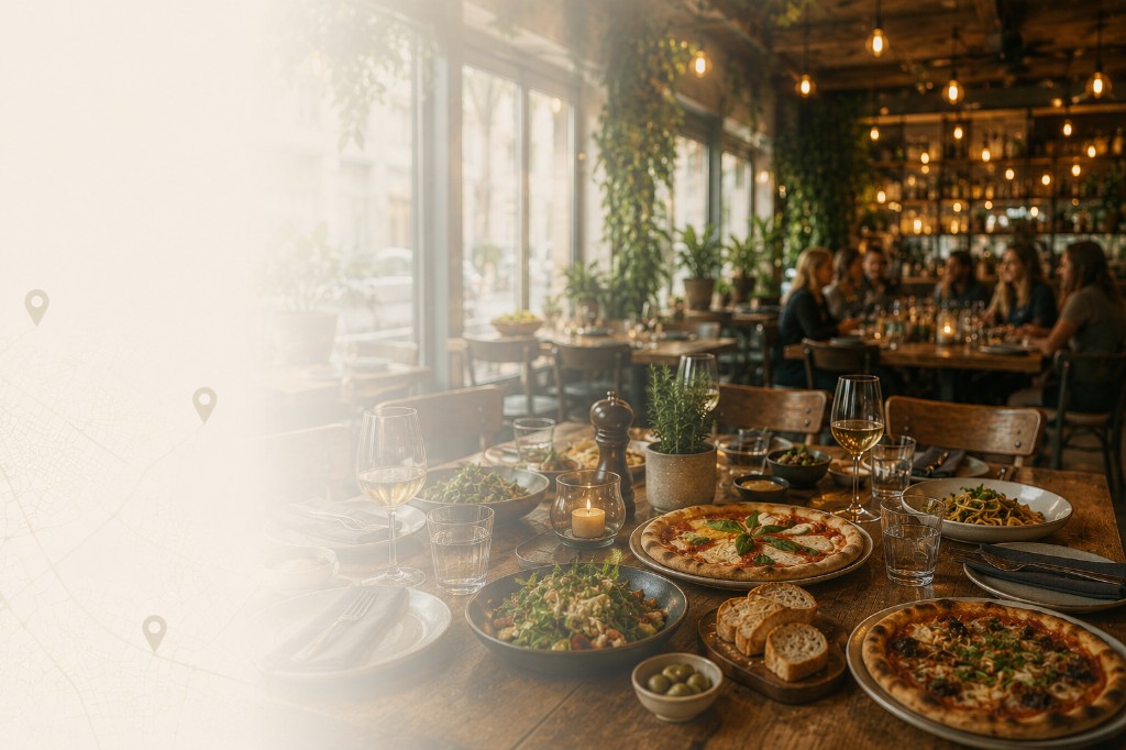 Group dinner with shared pizzas and salads at a cozy restaurant