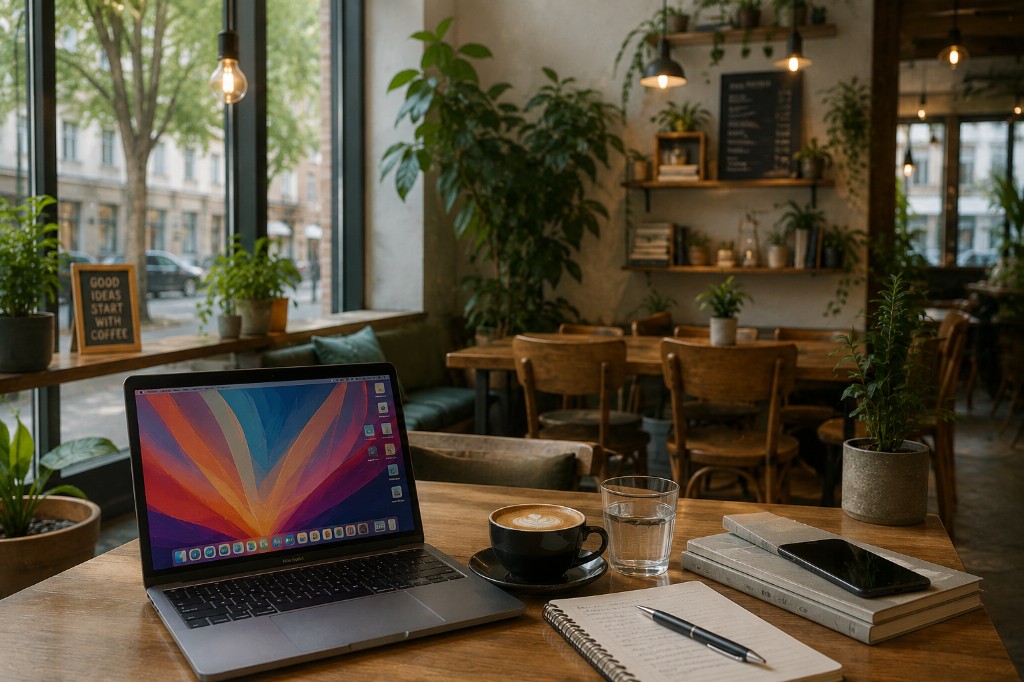 Laptop and coffee in a cozy Kiel café for working or studying